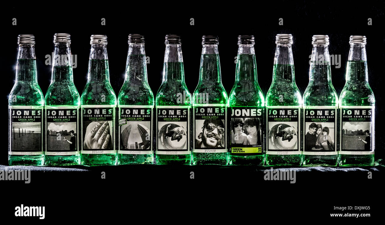 Ten green bottles on a wall....Jones Green Apple soda Stock Photo - Alamy