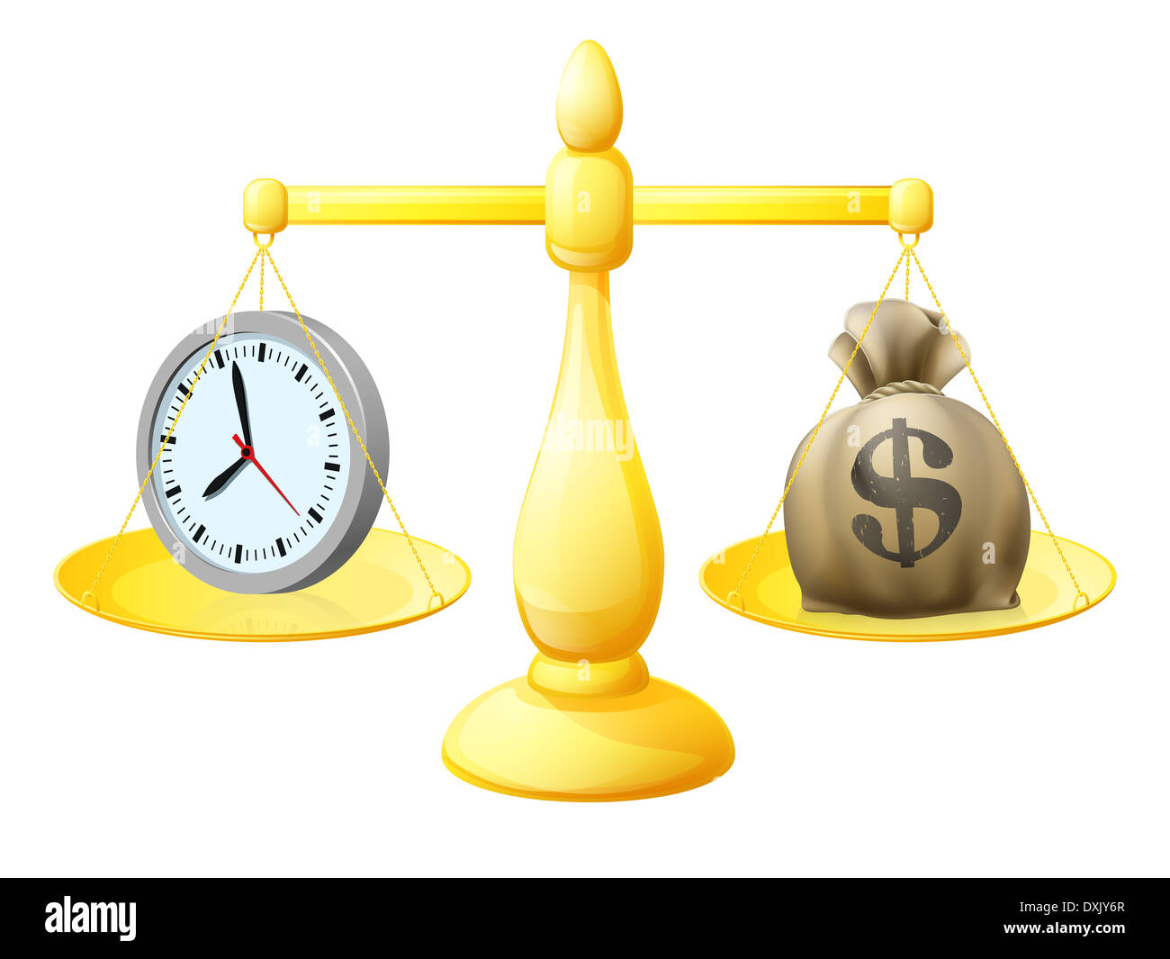 Time money balance scales concept illustration with a clock on one side