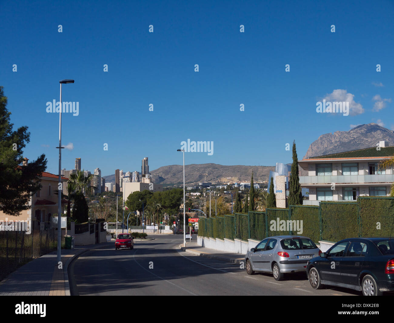 Typical street in a housing estate in Benidorm with the hotels and