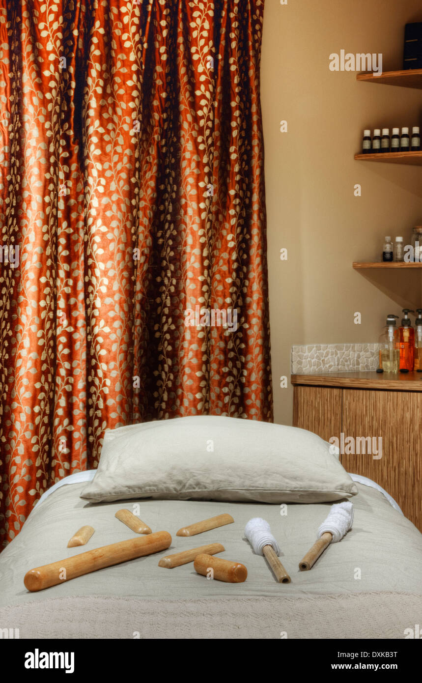 Tools on massage table in beauty salon Stock Photo