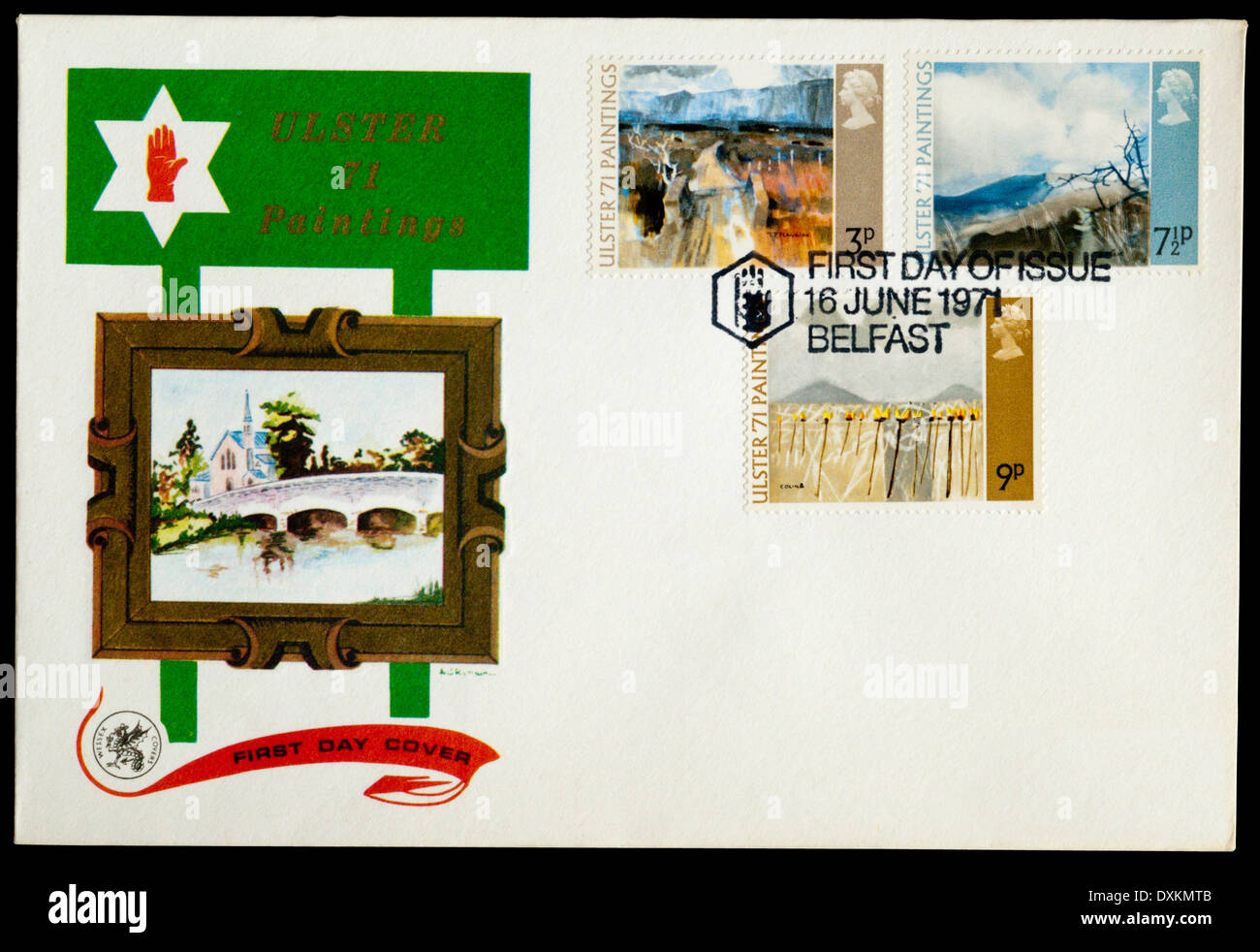 1971 First Day Cover celebrating Ulster Paintings, postmarked in Belfast. Stock Photo