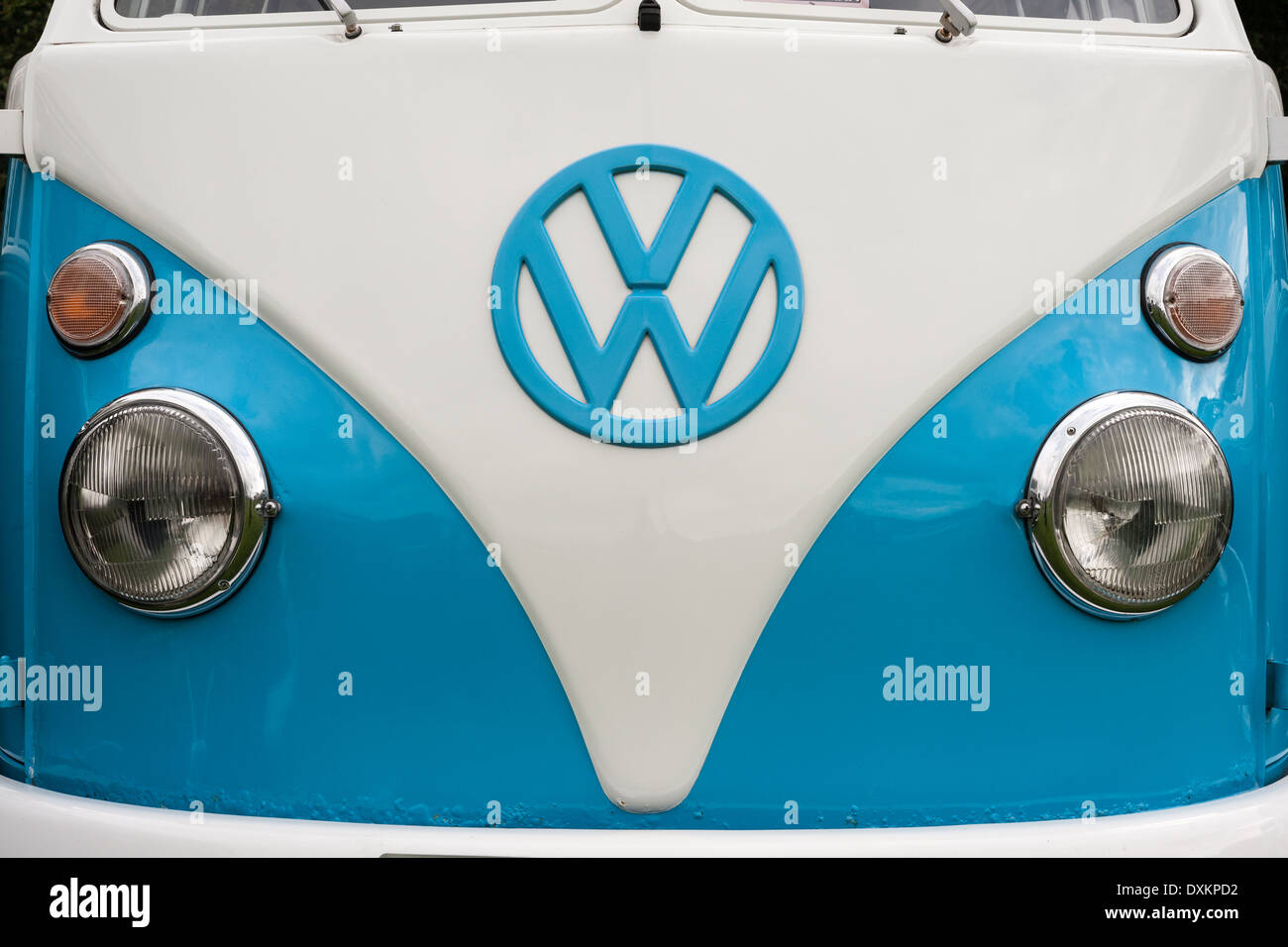 Blue and White VW camper van detail. Stock Photo