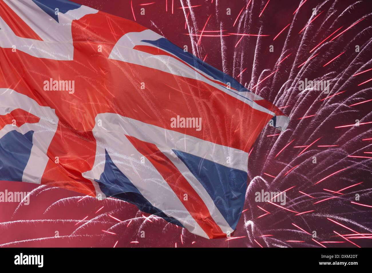 Great Britain flag over fireworks Stock Photo