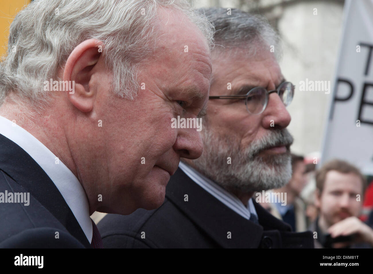 London, UK. 27 March 2014. Sinn Fein politicians Martin McGuinness and Gerry Adams after the funeral service of Tony Benn. Funeral service of Labour Politician Tony Benn at St Margaret's Church, Westminster Abbey, London, UK. Photo: Nick Savage/Alamy Live News Stock Photo