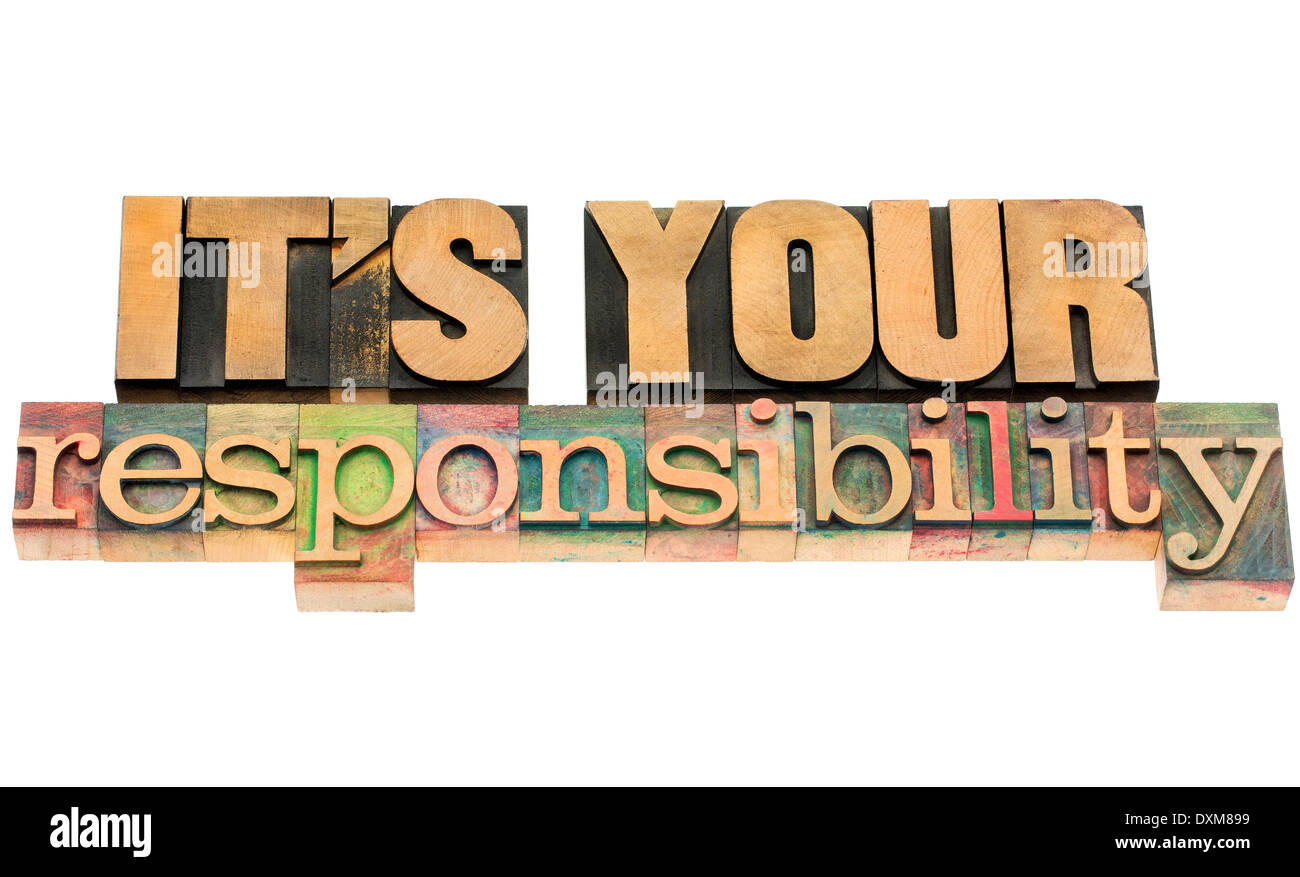 it is your responsibility - isolated text in vintage letterpress wood type blocks Stock Photo