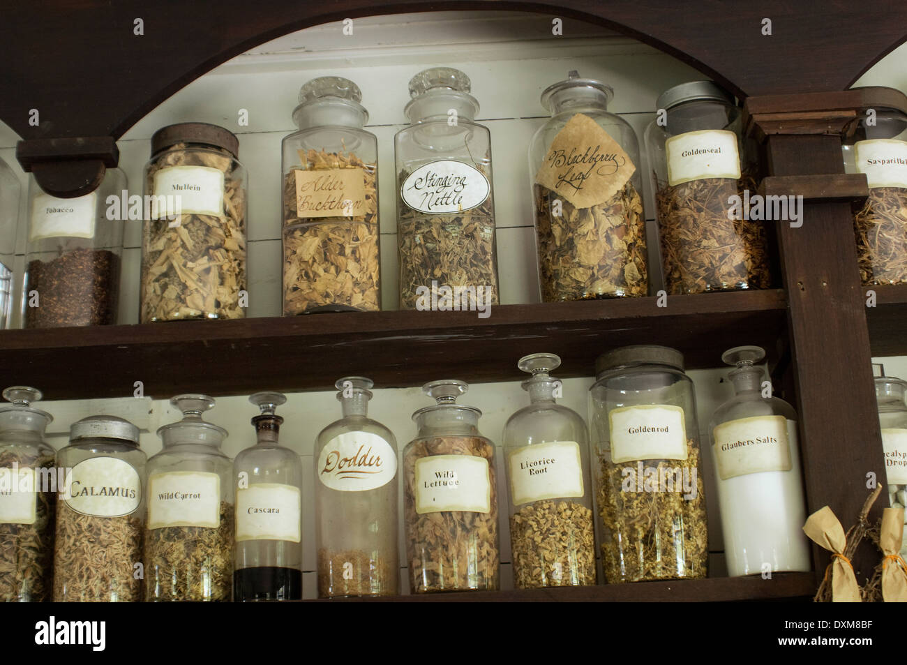 Pharmacy shelves from the early 1800s, Spring Mill Pioneer Village, Indiana. Digital photograph Stock Photo
