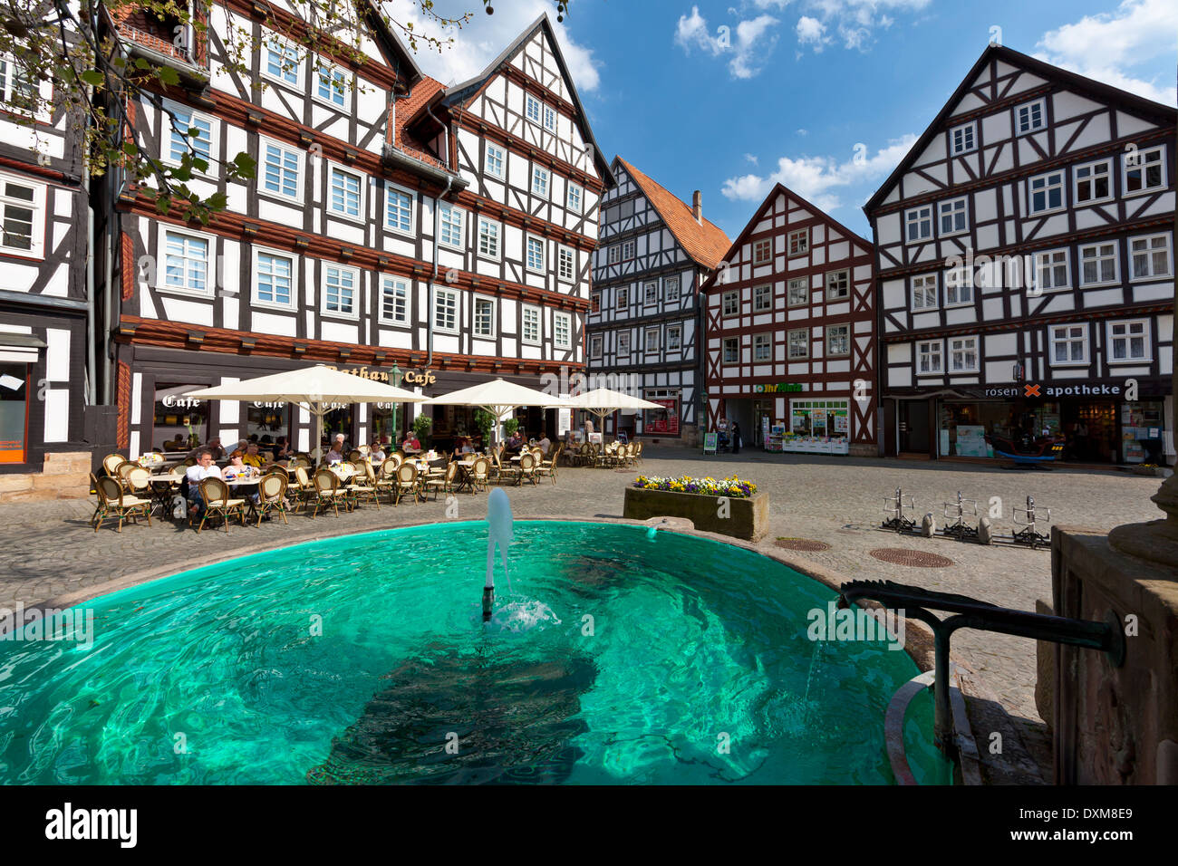 Germany, Hesse, Melsungen, market place, restaurant and fountain Stock Photo
