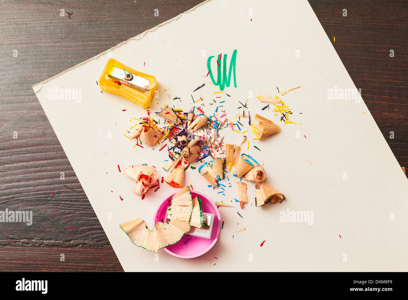 Colorful Pencil Shavings and Pencil Sharpeners Stock Photo