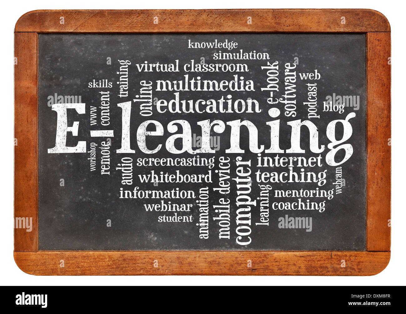 online education concept - e-learning word cloud on a vintage slate blackboard Stock Photo