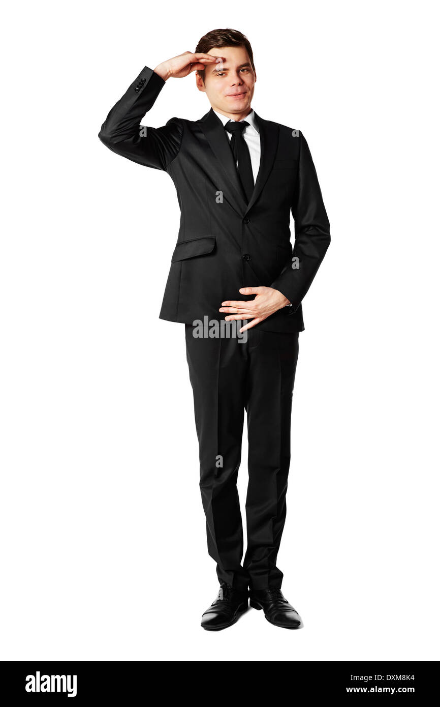 Young man salutes. Isolated on white background. Stock Photo