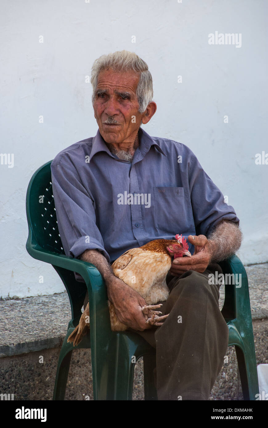 'Chicken man', paphos market, Cyprus. Stock Photo
