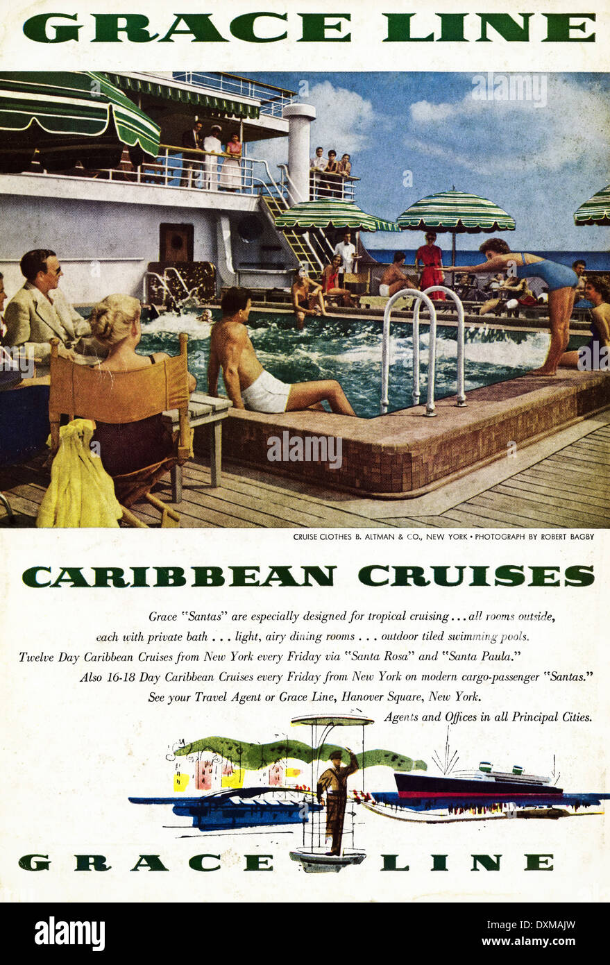 1950s advertisement for Grace Line Caribbean Cruises advert in American magazine circa 1954 Stock Photo