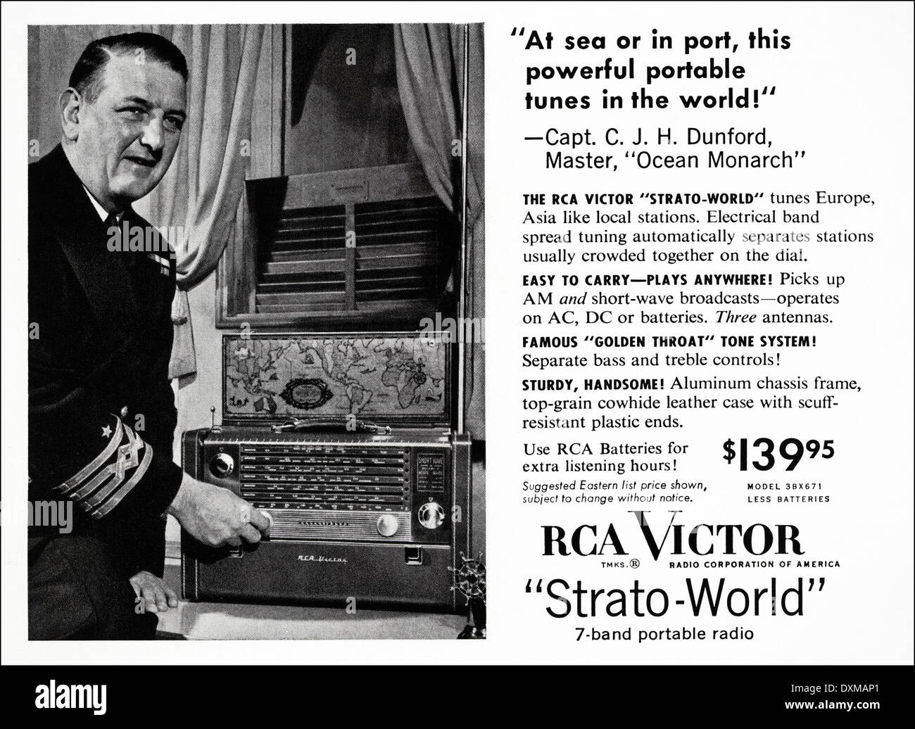 1950s advertisement for RCA Victor portable radio with Captain CJH Dunford advert in American magazine circa 1954 Stock Photo