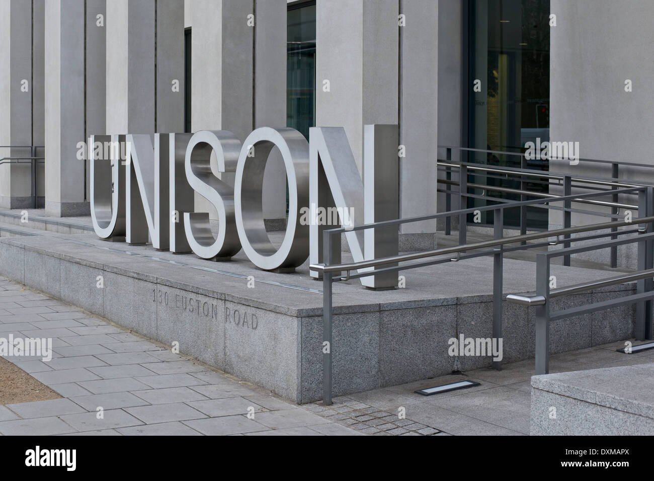 Outside the Head Office of the UK public sector union Unison, a metal sign spells the union's name. 130 Euston Road Rd, London Stock Photo