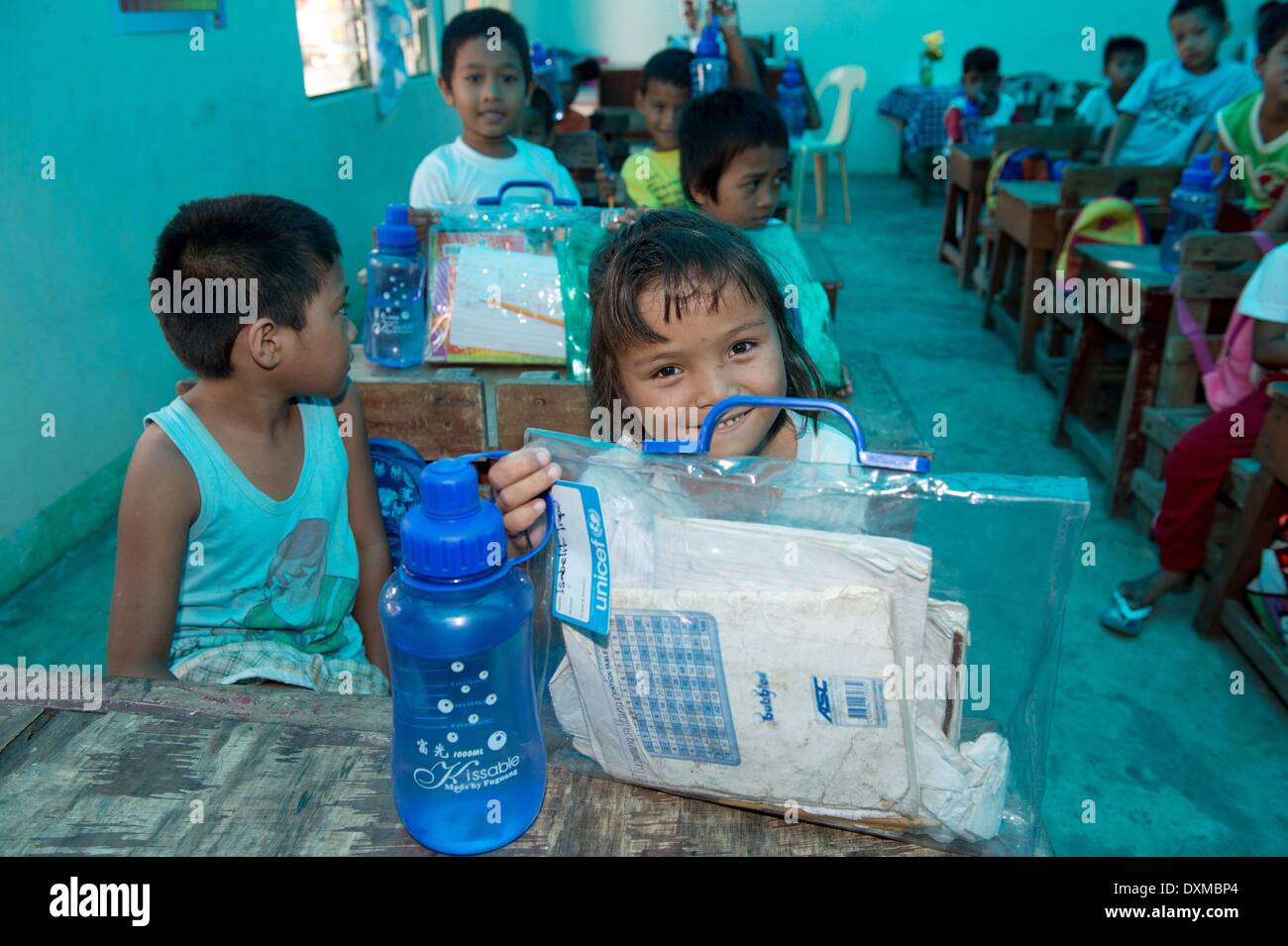 Typhoon Material Schoolkids in tacloban city on the Philippines, 11.03.2014. The ...