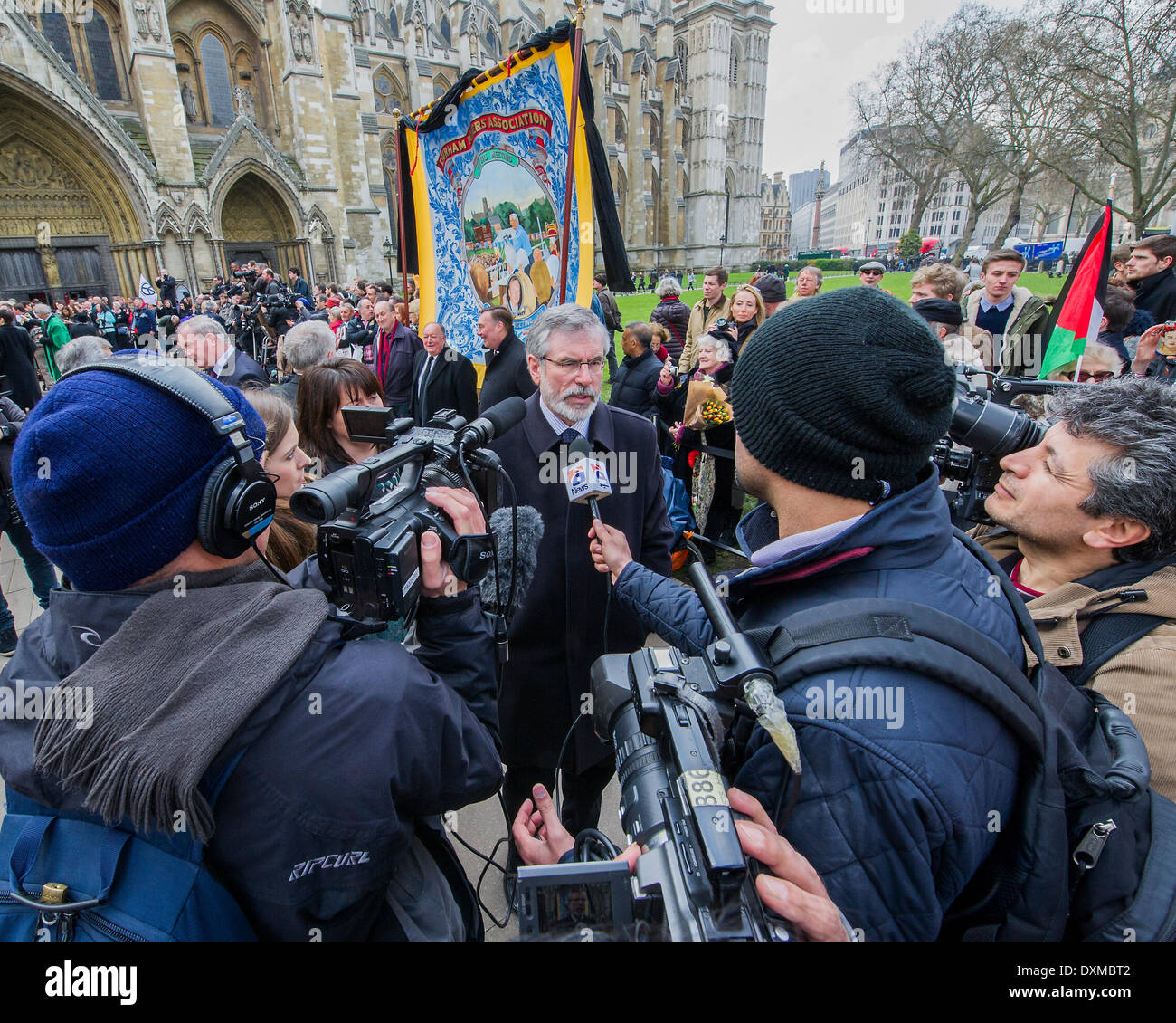 London, UK . 27th Mar, 2014. Gerry Adams. Tony Benn's funeral at 11.00am at St Margaret's Church, Westminster. His body was brought in a hearse from the main gates of New Palace Yard at 10.45am, and was followed by members of his family on foot. The rout was lined by admirers. On arrival at the gates it was carried into the church by members of the family. Thursday 27th March 2014, London, UK. Credit:  Guy Bell/Alamy Live News Stock Photo