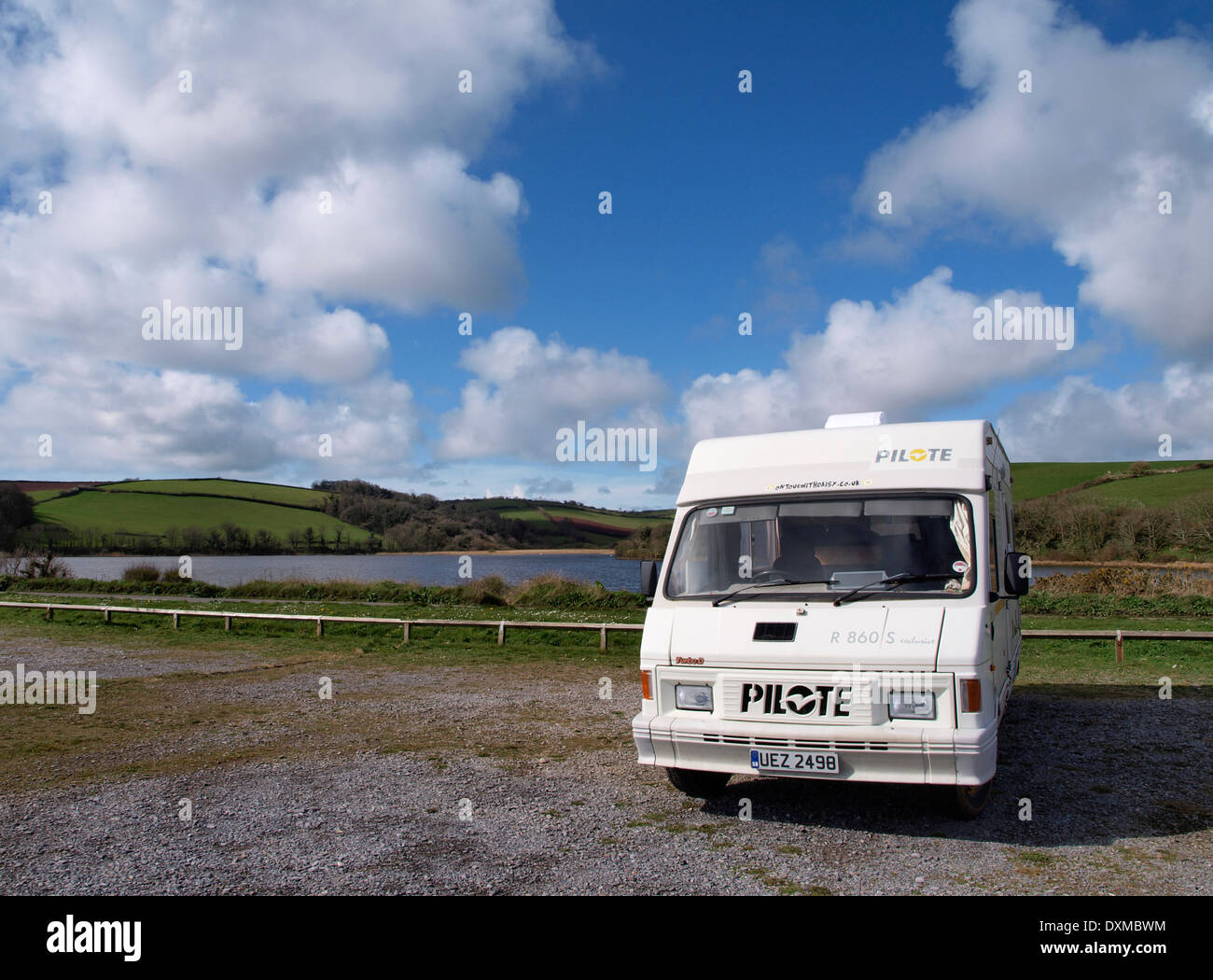 Motorhome with Slapton Ley nature reserve behind, Devon, UK Stock Photo