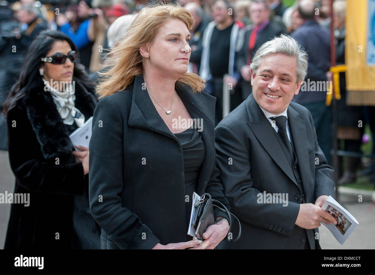 London, UK . 27th Mar, 2014. Sally and John Bercow. Tony Benn's funeral at 11.00am at St Margaret's Church, Westminster. His body was brought in a hearse from the main gates of New Palace Yard at 10.45am, and was followed by members of his family on foot. The rout was lined by admirers. On arrival at the gates it was carried into the church by members of the family. Thursday 27th March 2014, London, UK. Credit:  Guy Bell/Alamy Live News Stock Photo