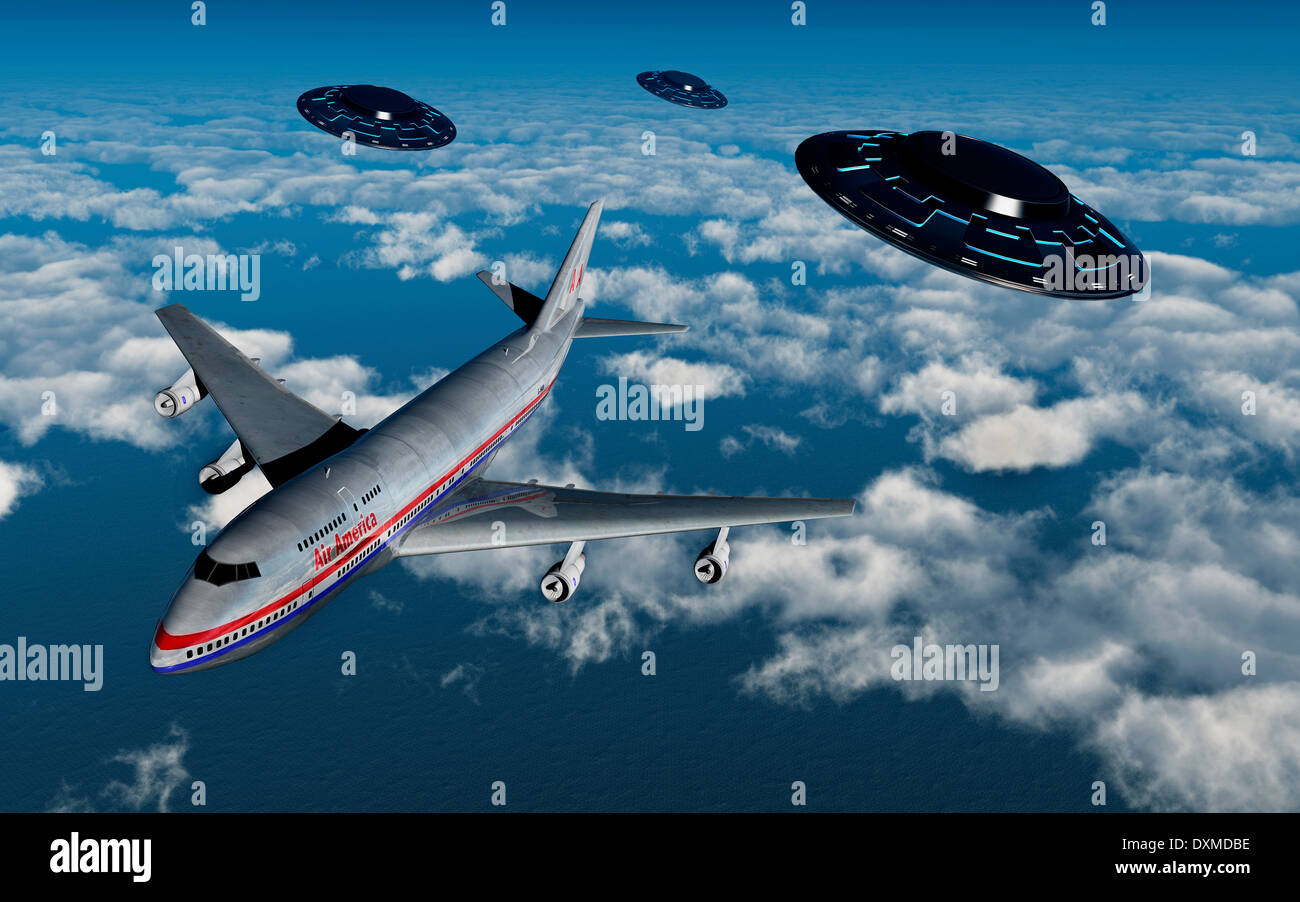 A Commercial Flight, Boeing 747 Jet Airliner.Being Stalked By 3 UfOs At High Altitude. Stock Photo