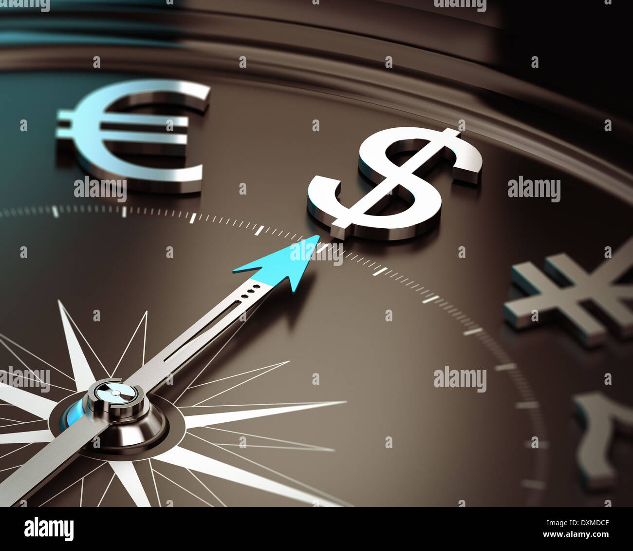 Compass with needle pointing dollar symbol with blur effect. Illustration of US safe heaven currency and investment solutions. Stock Photo