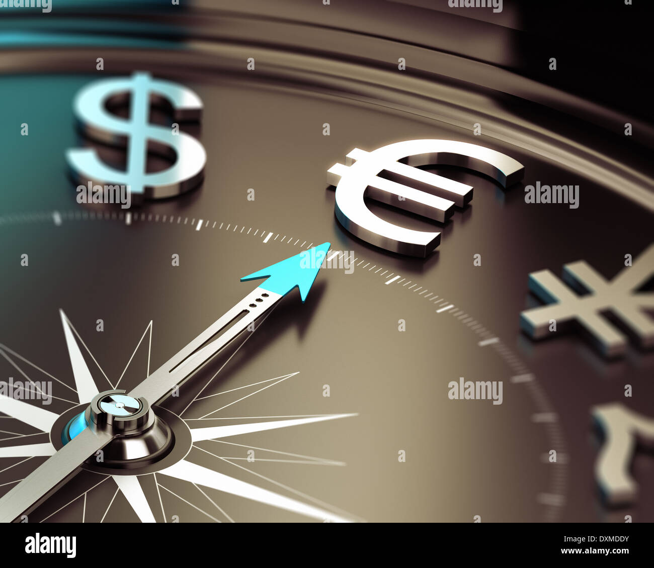 Compass with needle pointing Euro symbol with blur effect. Illustration symbol of investment solutions. Stock Photo