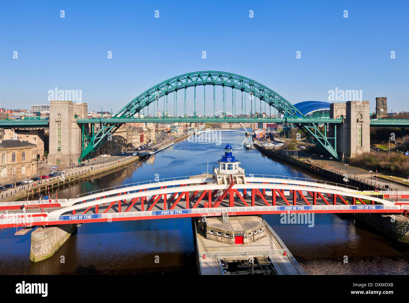 Newcastle upon Tyne city with Tyne bridge and swing bridge over River Tyne Tyne and Wear Tyneside England UK GB EU Europe Stock Photo