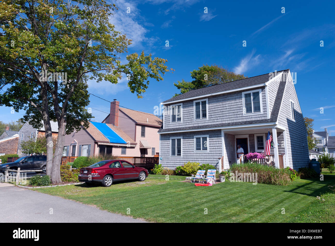 Neat two- story shingle tiled house in Moody Beach, Maine, USA. Stock Photo