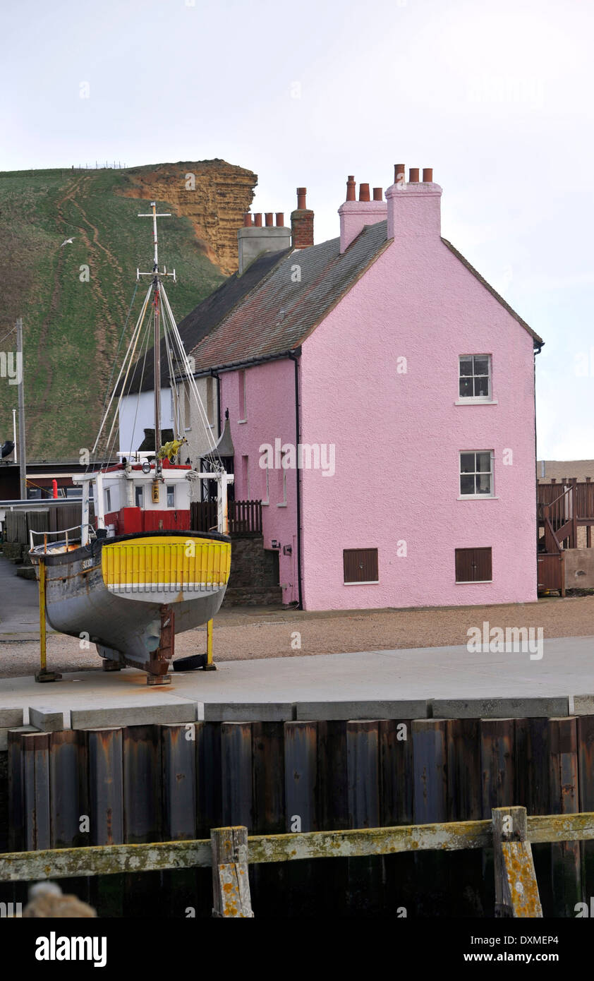 Pink houses on the quay at West Bay, Dorset Stock Photo Alamy