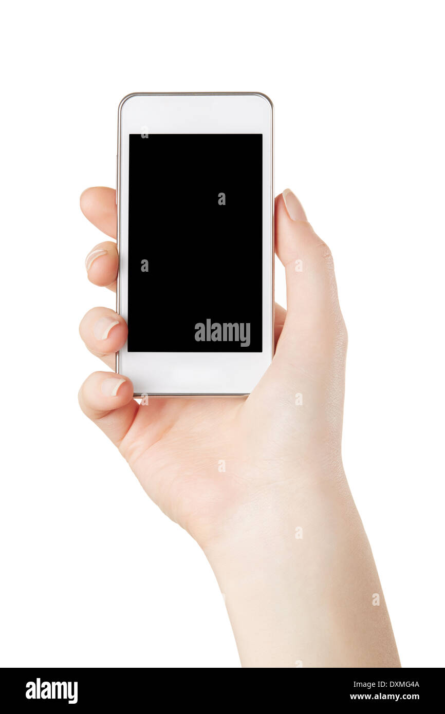 Woman hand holding smartphone with blank screen Stock Photo