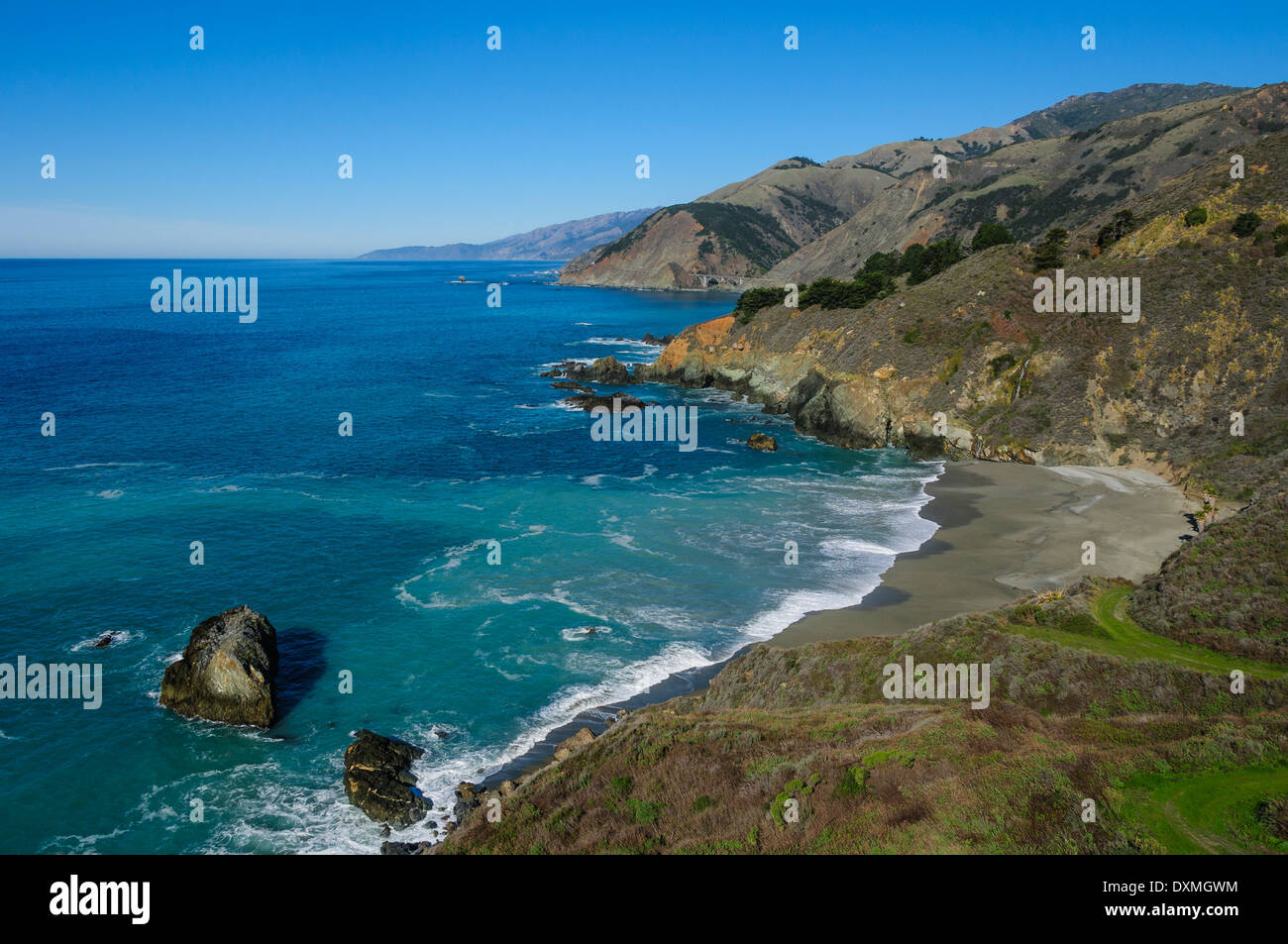 Big Sur Coast with Big Creek Bridge in distance, California. Stock Photo