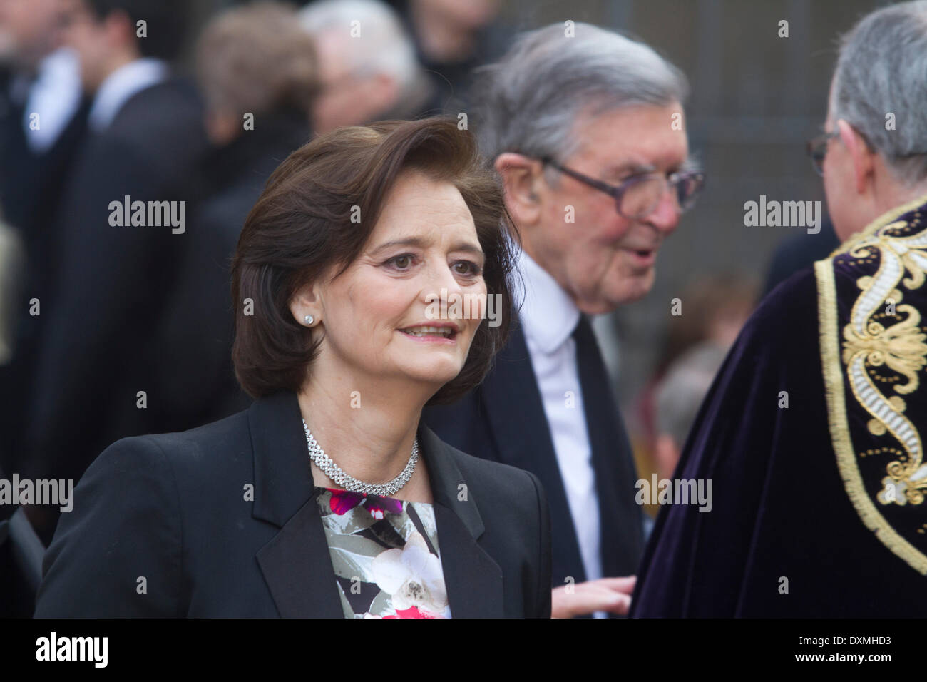 Westminster London, UK. 27th March 2014. Cherie Blair QC wife of former British Prime Minister Tony Blair as one of many guests and dignitaries attending the funeral service of former Labour MP Tony Benn at St Margaret's Church in Westminster Stock Photo