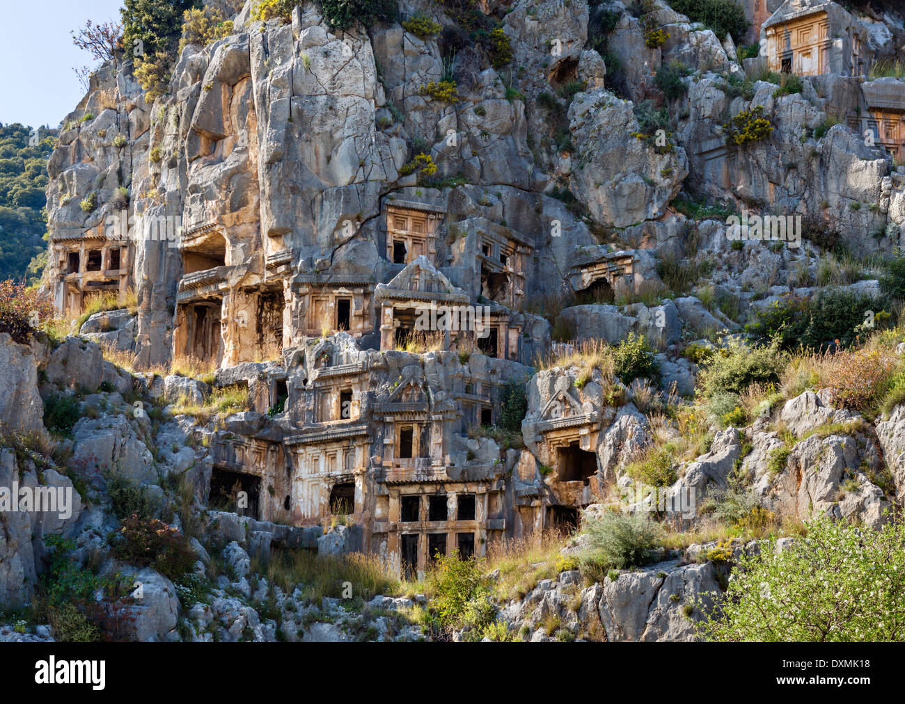 Rock tombs in the cliff face at the ancient ruins of Myra, Demre, Antalya Province, Lycia, Turkey Stock Photo