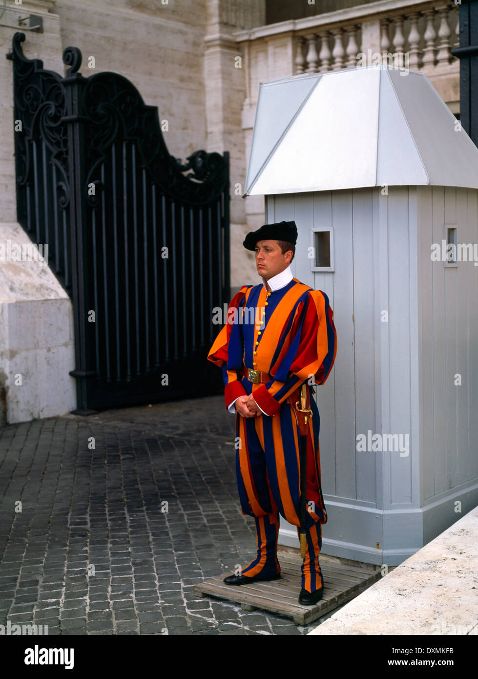 Vatican Rome Italy Pontificial Swiss Guard wearing Tricolour Uniform with Dress Sword Stock Photo