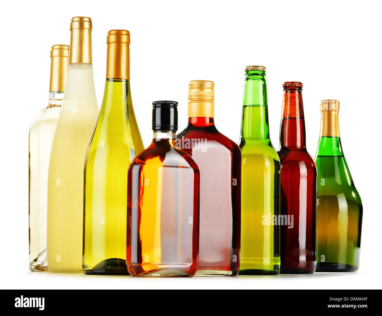 Bottles of assorted alcoholic beverages isolated on white background