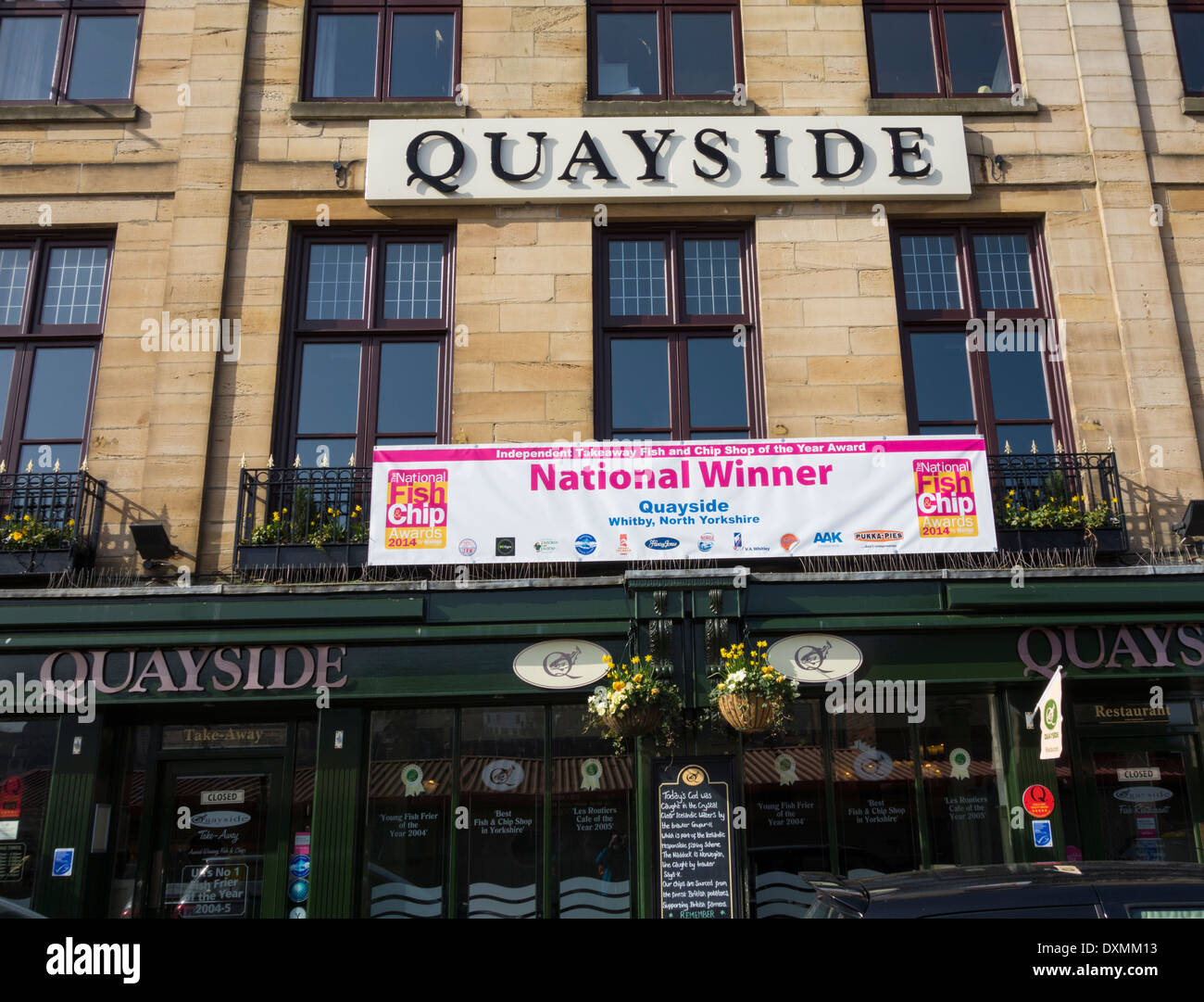 Quayside, Whitby, North Yorkshire. UK. Winner of best national independent fish and chip takeaway award 2014 Stock Photo