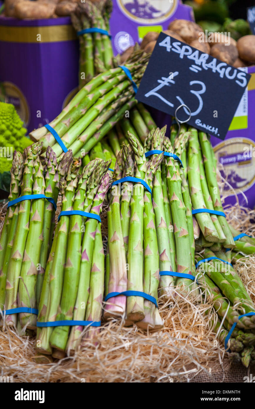 Asparagus (Asparagus officinalis) on sale,Borough Market,London Stock Photo