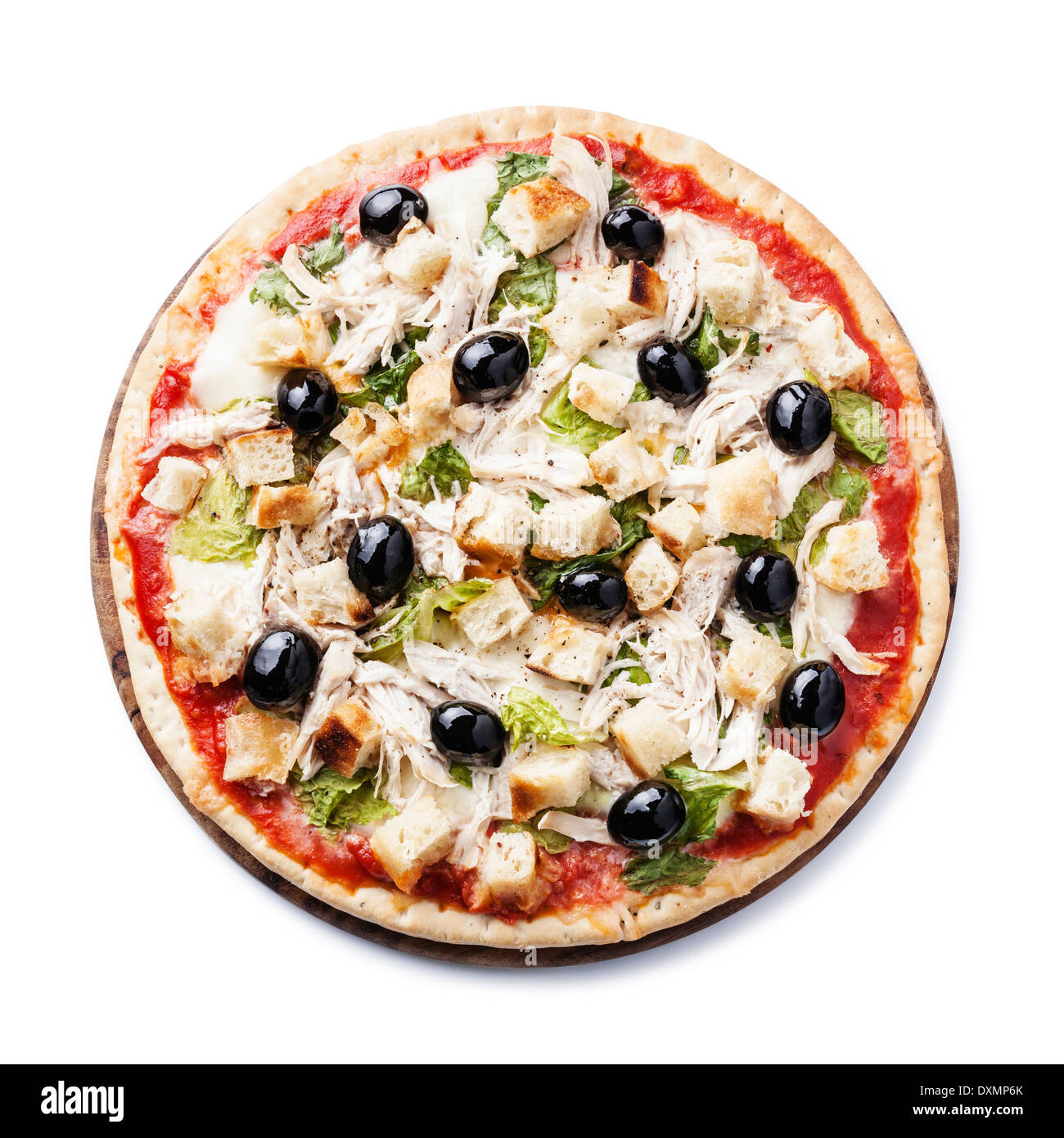 Italian pizza Caesar with with chicken, croutons and greens on white background Stock Photo