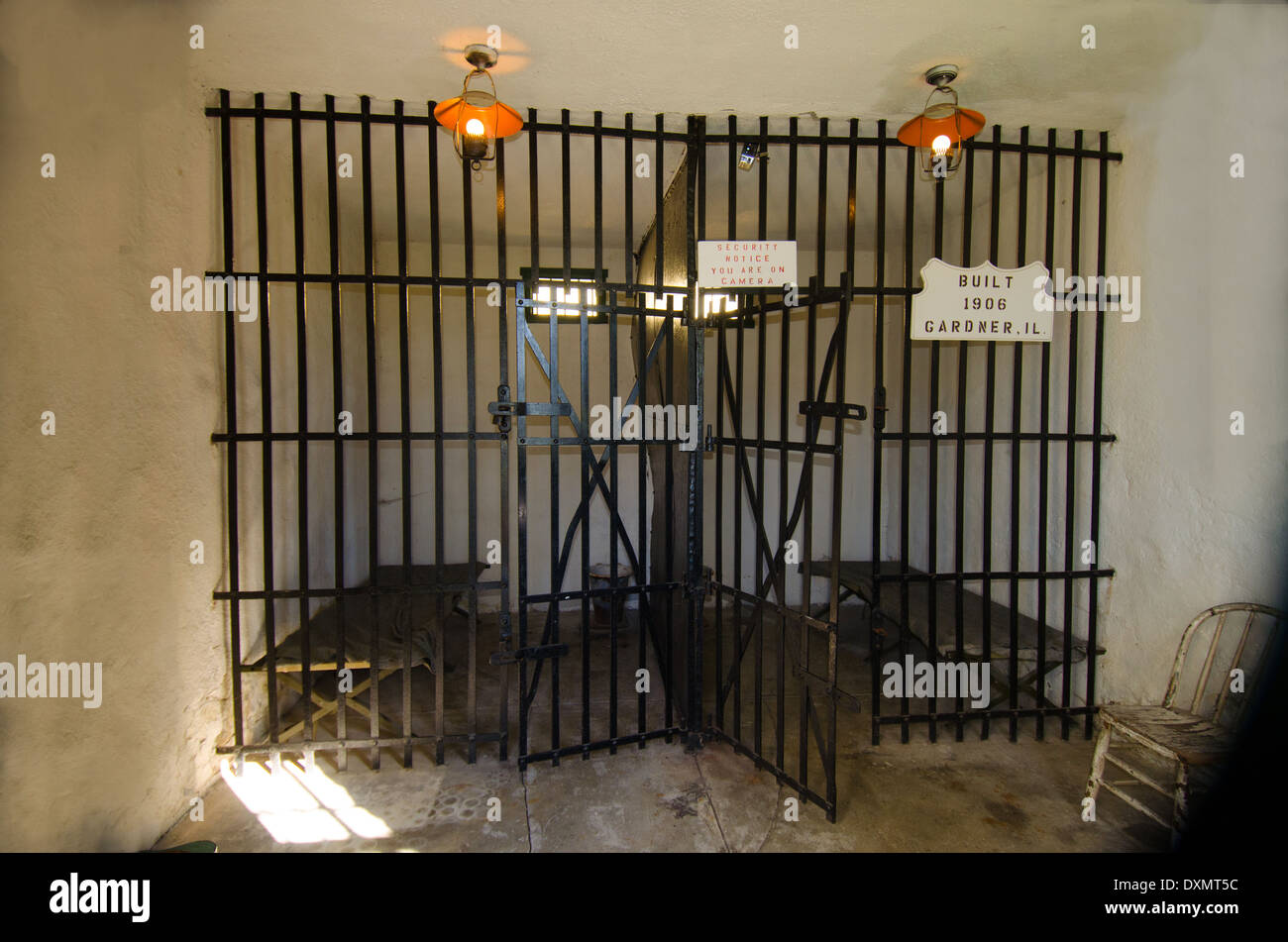 The cell in the Two-Cell Jail, built in 1906, a popular attraction in Gardner, Illinois, a town along Route 66. Stock Photo