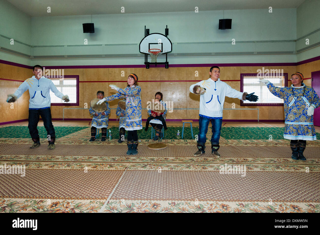Siberian Yupiks performing traditional music and dance, Nova Chaplina, Chukotka, Russia Stock Photo