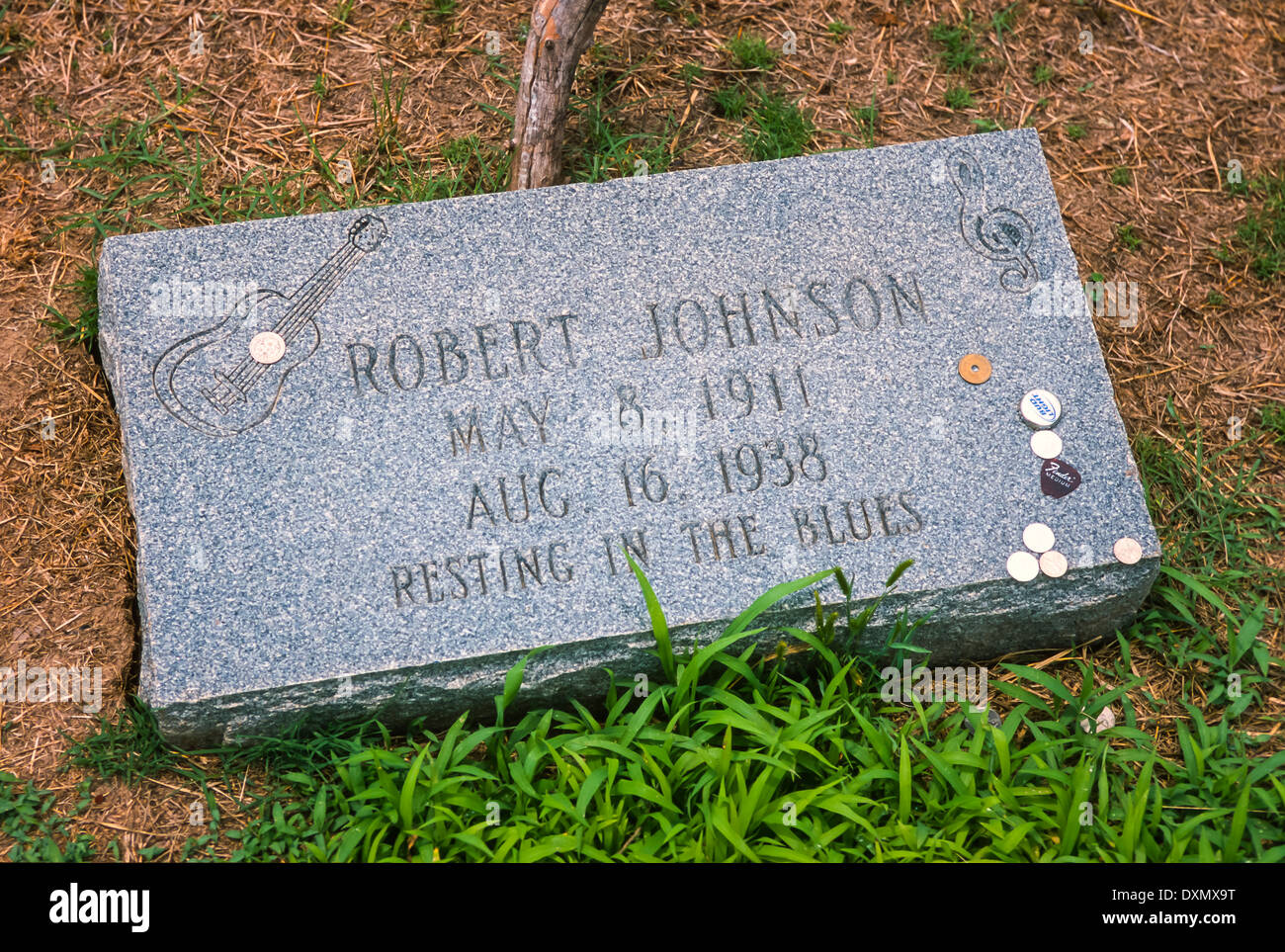 MISSISSIPPI, USA - Grave marker possible burial site of Robert Johnson, delta blues musician, cemetery Payne Chapel M. B. Church Stock Photo