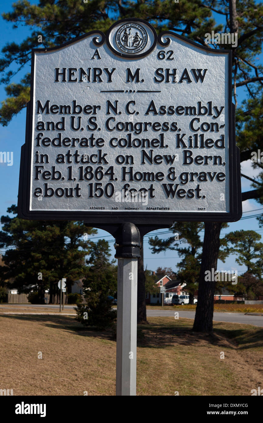 HENRY M. SHAW Member N.C. Assembly and U.S. Congress. Confederate colonel. Killed in attack on New Bern, Feb. 1, 1864. Home & grave about 150 feet West. Archives and Highway Departments, 1967 Stock Photo