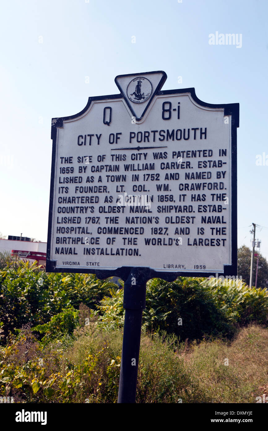 CITY OF PORTSMOUTH The site of this city was patented in 1659 by Captain William Carver. Established as a town in 1752 and named by its founder, Lt. Col. Wm Crawford. Chartered as a city in 1858. It has the country's oldest Naval Shipyard. Established in 1767. The nation's oldest naval hospital, commenced in 1827, and is the birthplace of the world's largest naval installation. Virginia State Library, 1959 Stock Photo