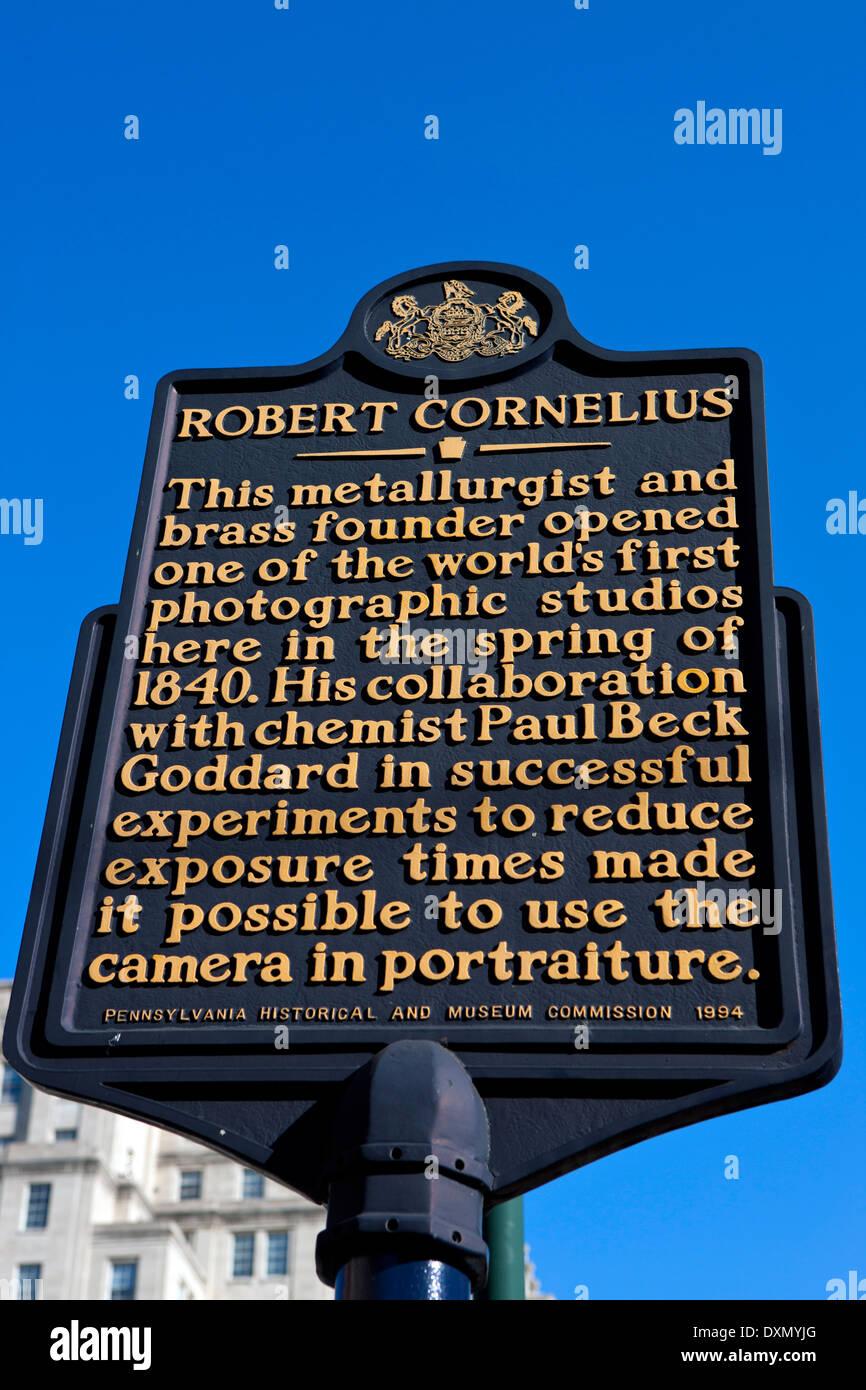 ROBERT CORNELIUS This metallurgist and brass founder opened one of the world's first photographic studios here in the spring of 1840. His collaboration with chemist Paul Beck Goddard in successful experiments to reduce exposure times made it possible to use the camera in portraiture. Pennsylvania Historical and Museum Commission, 1994 Stock Photo