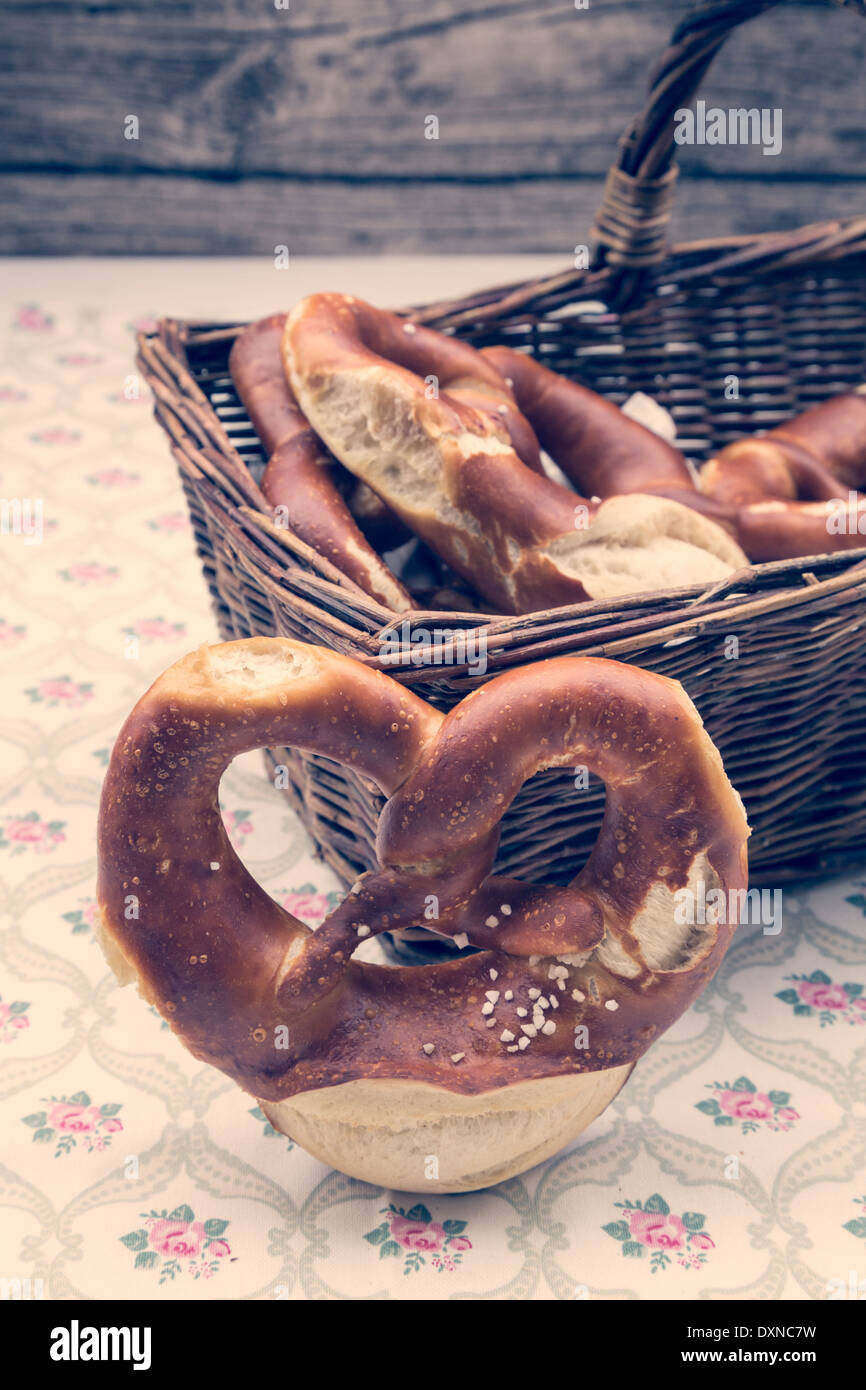 Basket of salted pretzels Stock Photo