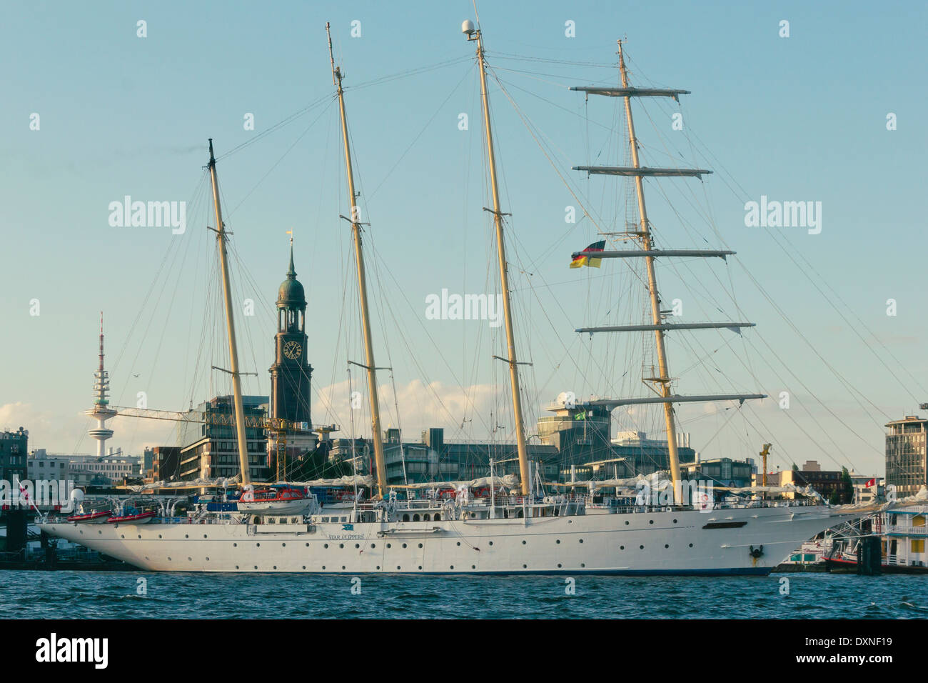 Germany, Hamburg, Sailing cruise shio Star Clipper in front of Hamburg Michel Stock Photo