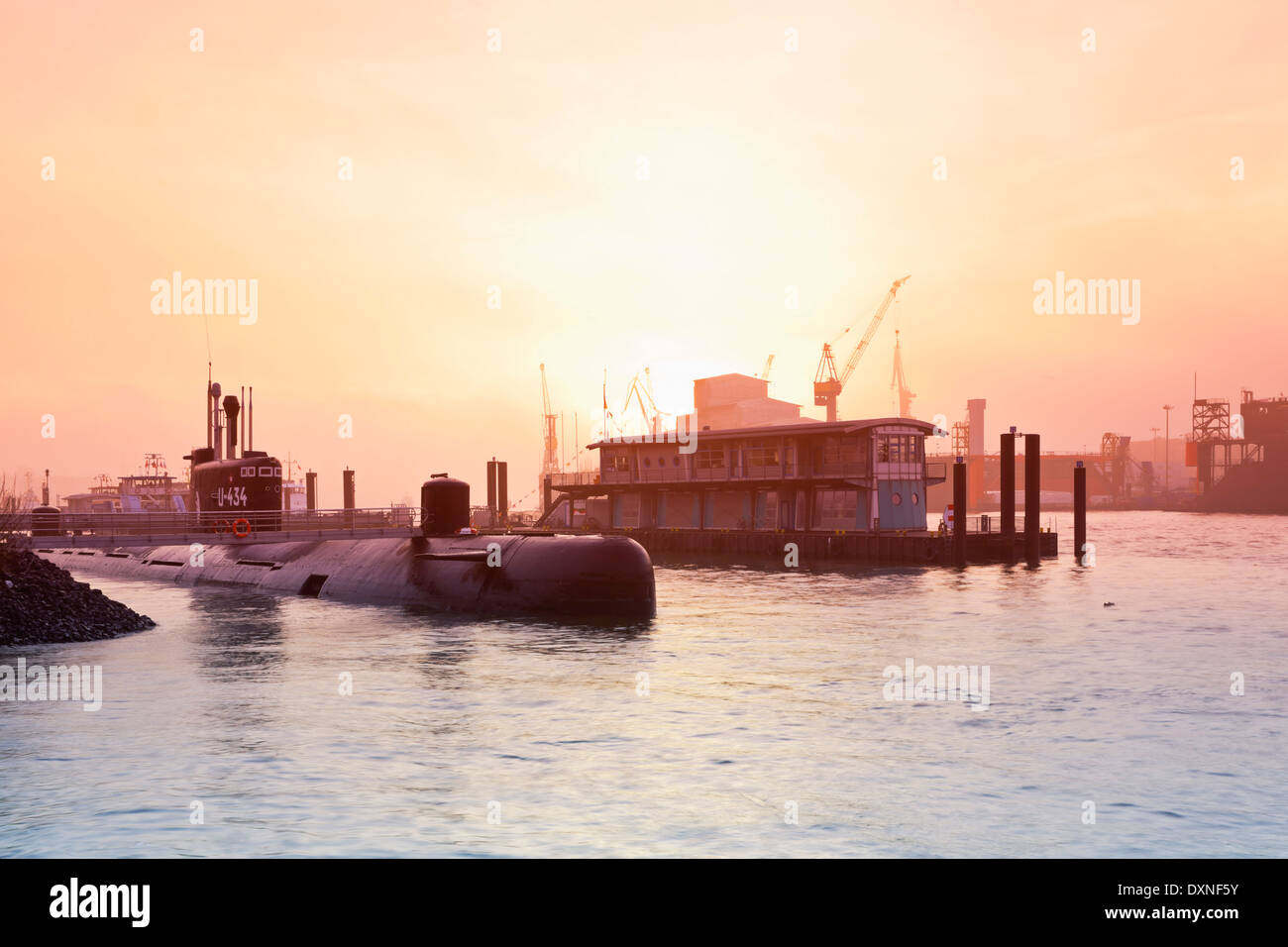 Germany, Hamburg, Museum harbour, Submarine boat U-434 in the morning Stock Photo