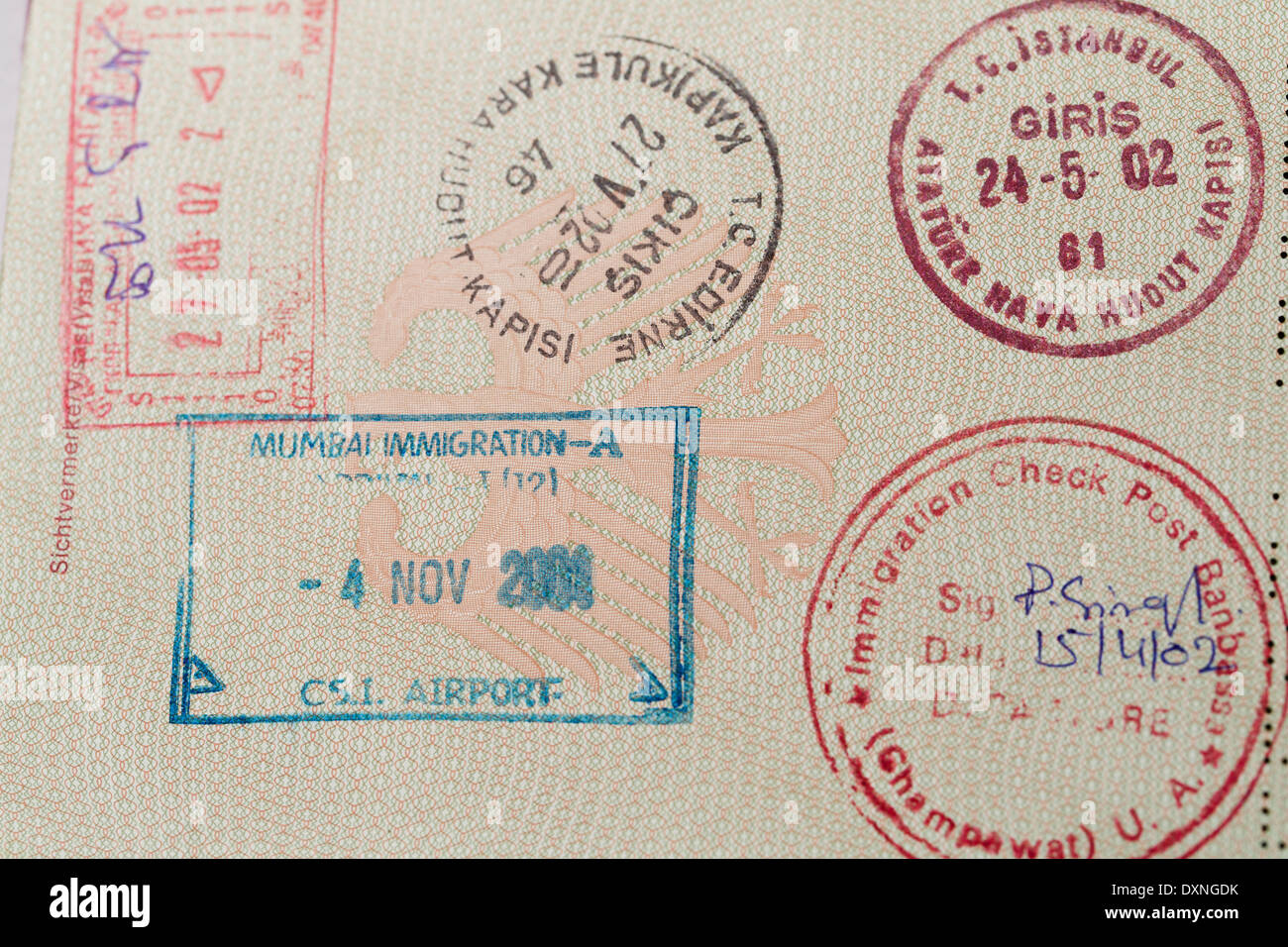 Page with stamps in German passport, close-up Stock Photo