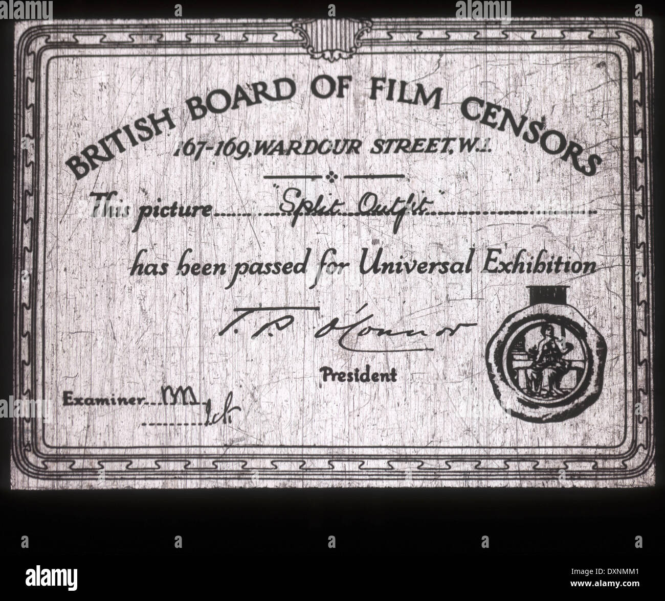 BRITISH CENSOR'S CERTIFICATE FOR THE SPLIT OUTFIT Stock Photo Alamy