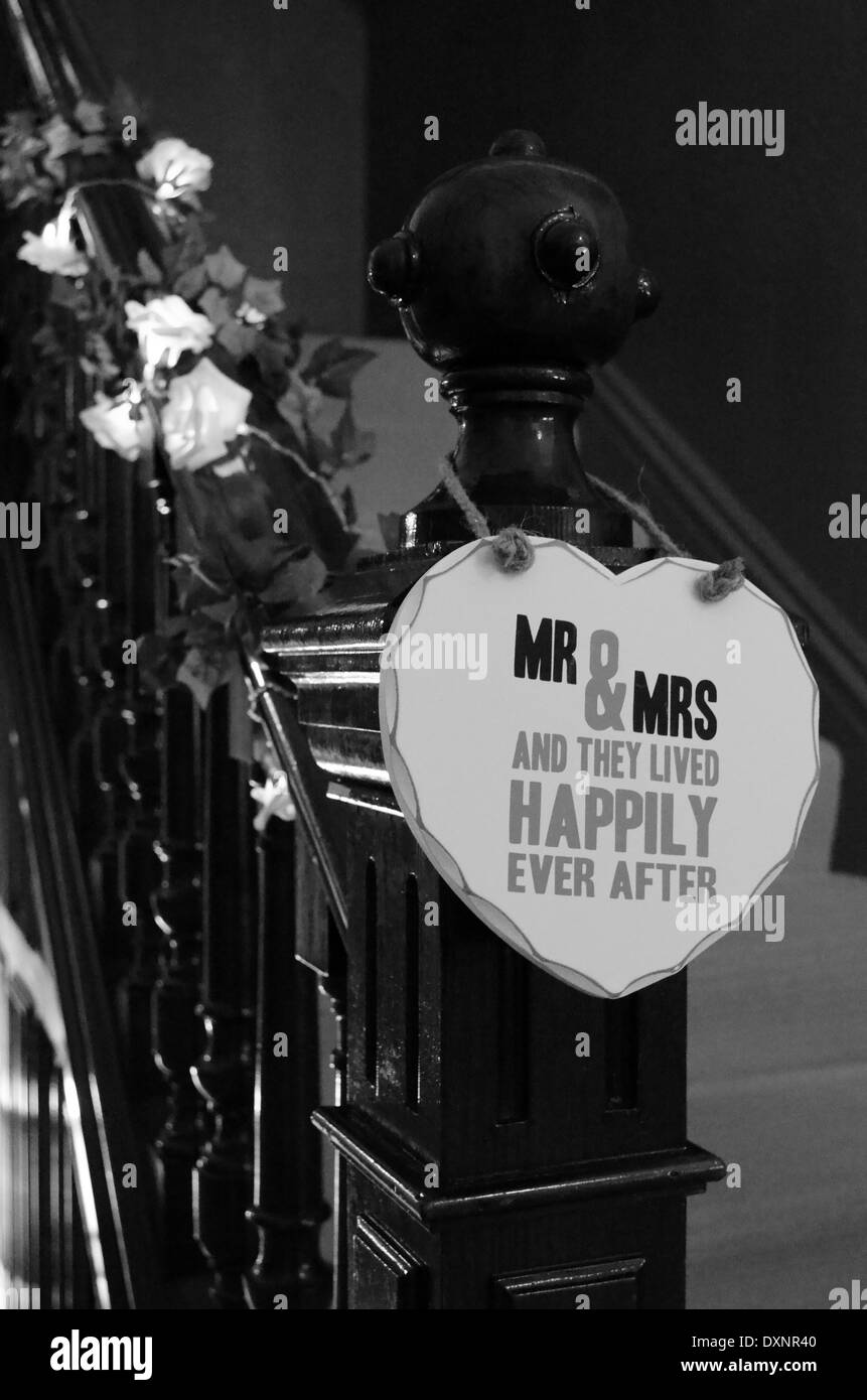 Staircase at the wedding house, Mr & Mrs plaque Stock Photo