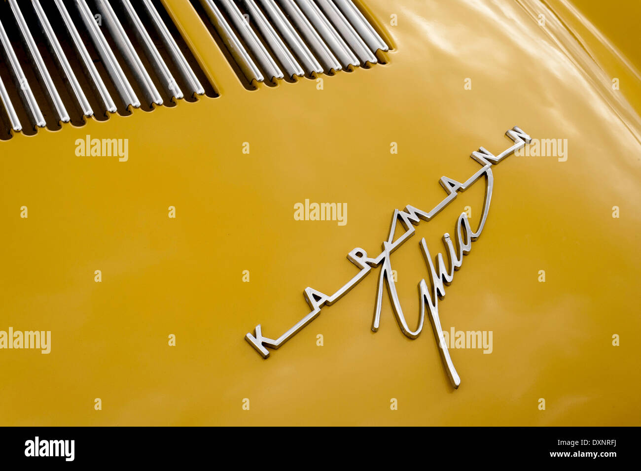 Yellow Karmann Ghia engine cover detail. Stock Photo